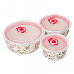 Набор салатников 3шт керамика, с пластиковой крышкой (300мл, 500мл, 650мл) "Флора"