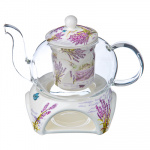 Чайник заварочный жаропрочный 800мл, керамическое ситечко, подставка для свечи, "Лаванда"