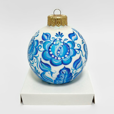 Ёлочный шар ручной работы Гжель Цветок 10см